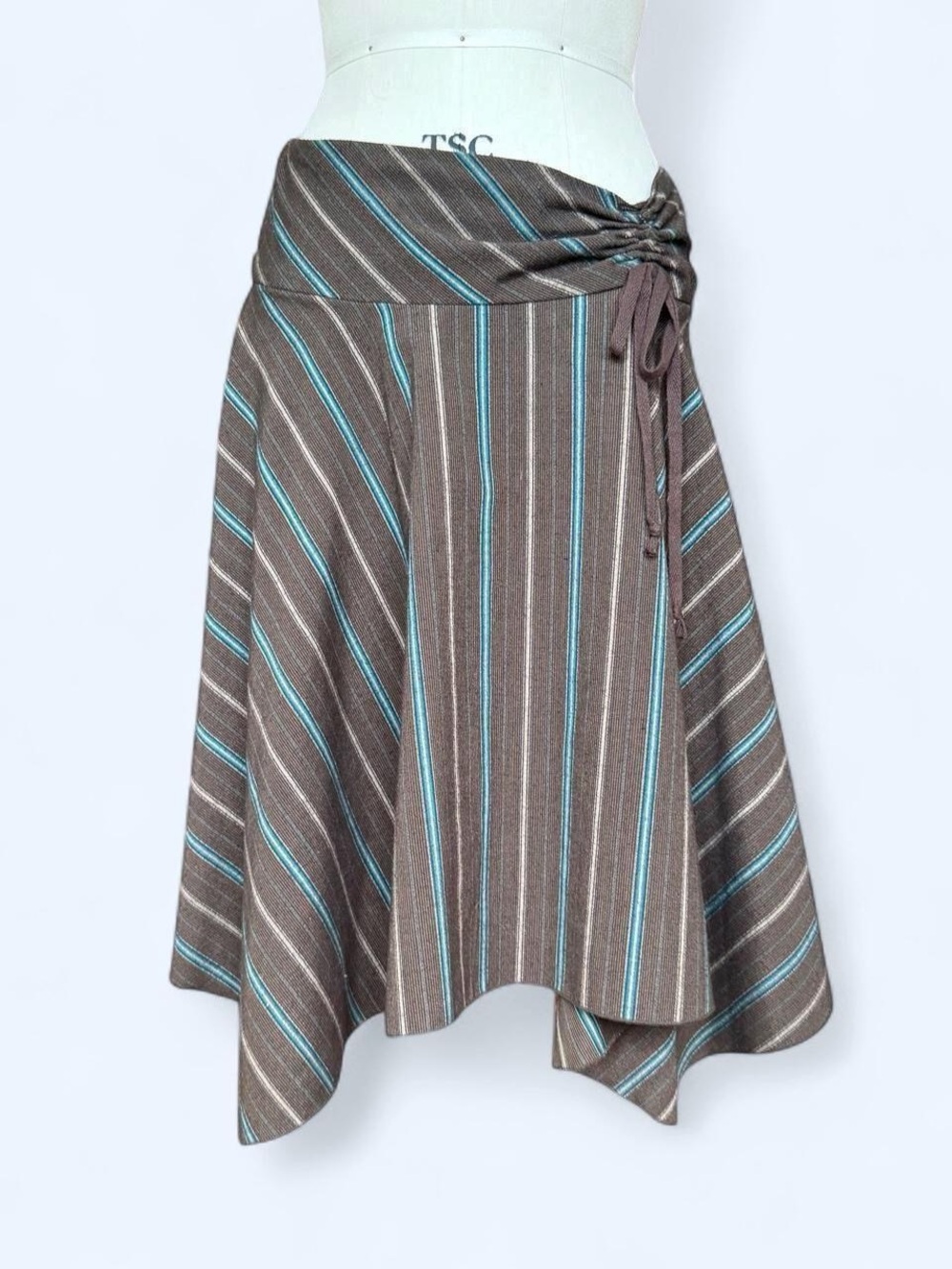 Jon Benbasset Pinstriped A-Line Midi Skirt With Ruched Tie Waist in brown / blue